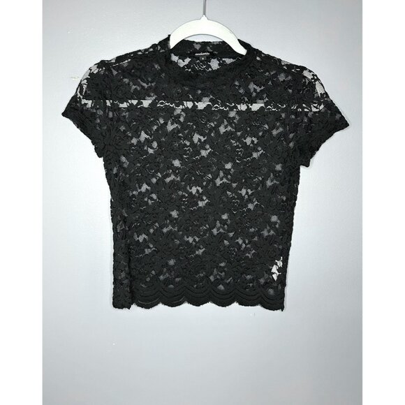 90's Ambiance Shirt Womens S Black Lace Sheer Cap Sleeve Scallop Hem Crop Top - Picture 3 of 14